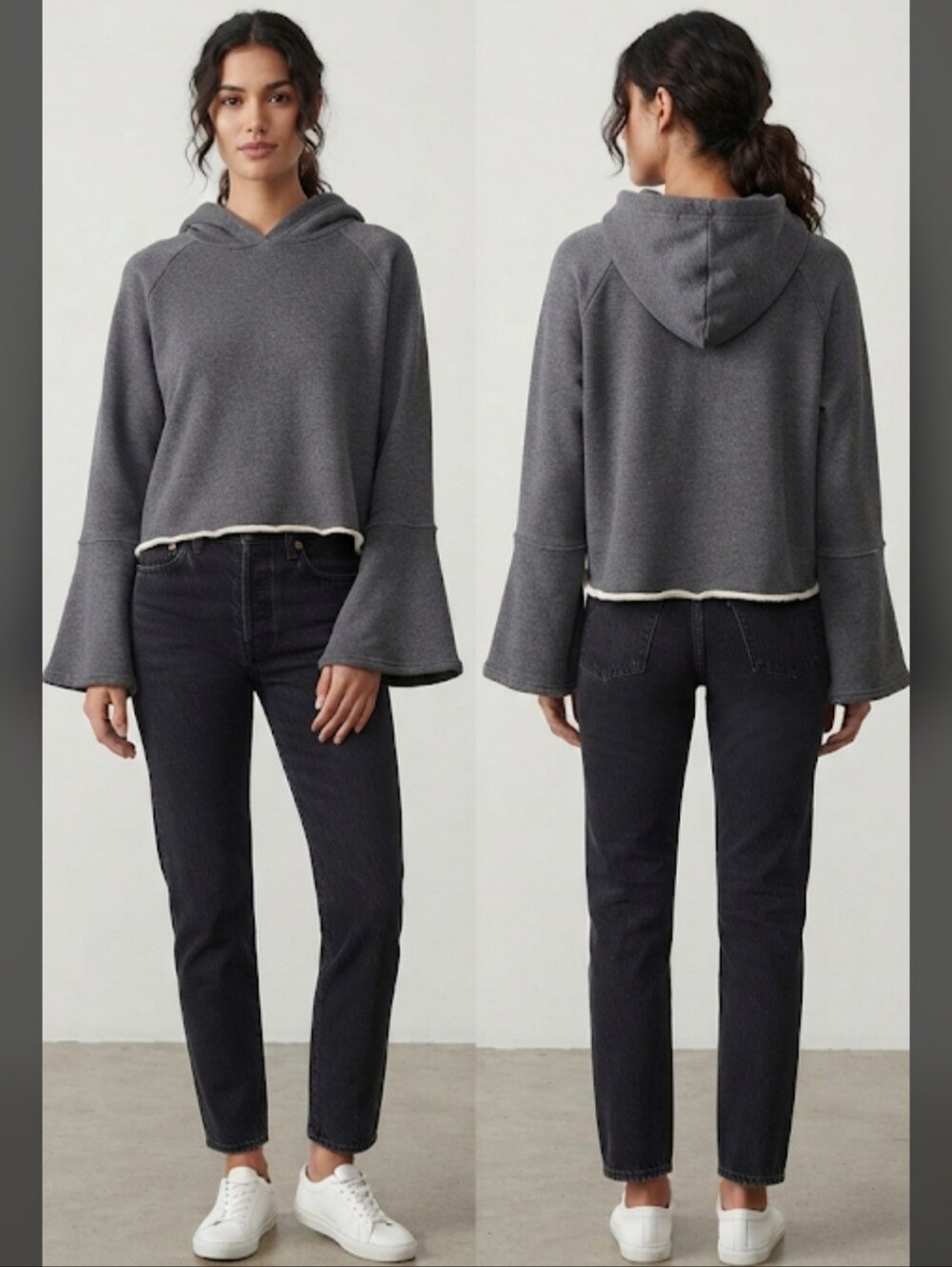 Melrose and Market Cropped Hooded Fleece Lined Sweatshirt Bell Sleeve Sz Large